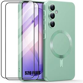 Coque + 2 Verres Trempés pour Samsung Galaxy S26 Plus, Protection Silicone Fine Antichoc avec Anneau Magnétique - Vert - E.F.Connection