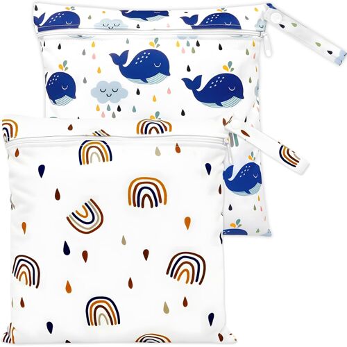 Jgd-Lot De 2 Sacs Étanches, Sacs Réutilisables Pour Maillots Mouillés Avec Fermeture Éclair, Idéal Pour Vêtements, Affaires Bébé, Natation, Gym (Baleine + Arc-En-Ciel)