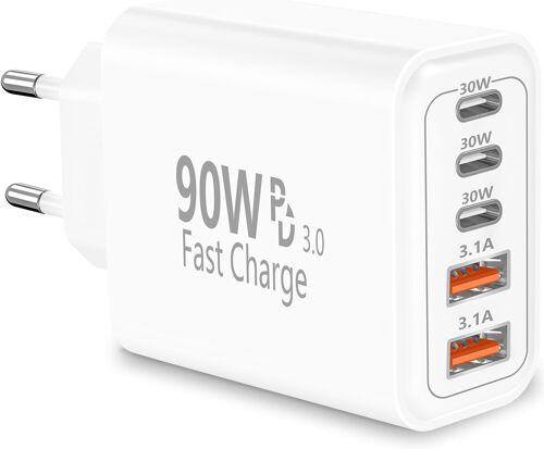 JGD-Chargeur USB C, 90W 5-Port Prise Chargeur Rapide USB C, Multiple Secteur USB C Chargeur 3PD + 2QC 3.1A Type C Adaptateur pour iPhone 17 17 Pro Max 16 15 14 13 12, Samsung Galaxy S25 S24, iPad