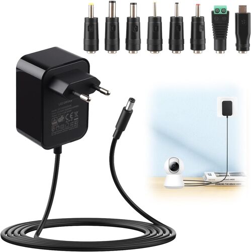 JGD-Adaptateur Secteur 12V 2A Transformateur d'alimentation AC220V 240V vers DC12V Pilote 5.5 * 2.1mm avec 8 Adaptateurs pour Bande Lumineuse, Routeur, TV Box, Caméra, Tablette, Scanner