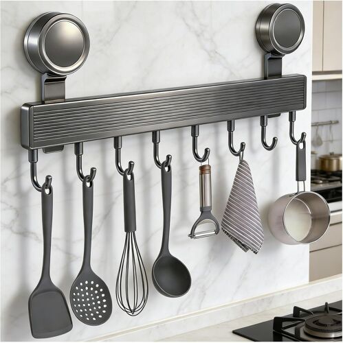 Jgd-Barre De Cuisine Ustensile Sans Perçage Avec Ventouse, Sans Perforation Porte Ustensiles Cuisine Mural, Espace Aluminium Porte Ustensiles Mural, Crochet Amovible Pour Cuisines, Salle De Bains, Ch