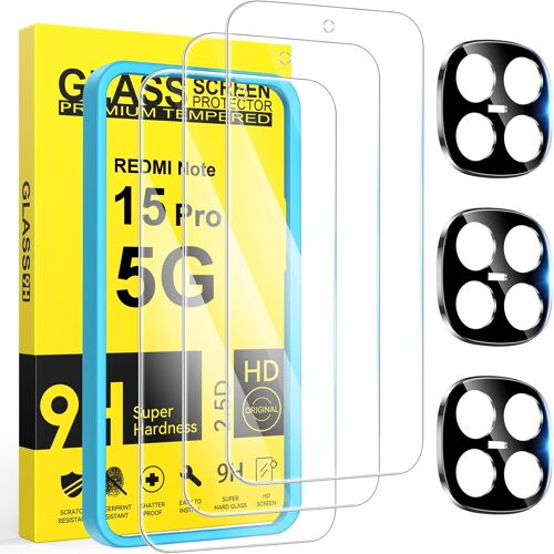 JGD-3 Pièces Verre Trempé pour Xiaomi Redmi Note 15 Pro 5G avec 3 Pièces Caméra Arrière Protecteur, Ultra Résistant Film Protection écran, Anti-Rayures, Sans Bulles Film Protection écran.