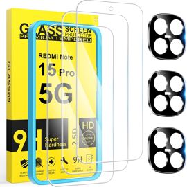 JGD-3 Pièces Verre Trempé pour Xiaomi Redmi Note 15 Pro 5G avec 3 Pièces Caméra Arrière Protecteur, Ultra Résistant Film Protection écran, Anti-Rayures, Sans Bulles Film Protection écran.
