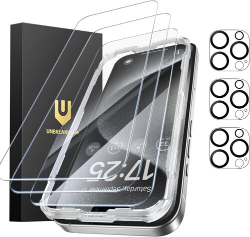 JGD-Protection Écran iPhone 15 Pro Max - Lot de 3, 3 Vitres en Verre Trempé + 3 Protecteurs d'Objectif, Dureté 9H, Clarté HD, Anti-Traces de Doigts, Compatible Coque, 6,7 Pouces
