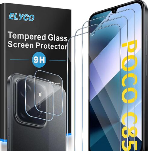JGD-Protection Écran pour Xiaomi POCO C85, 3 Pièces Films Verre Trempé + 2 Pièces Caméra Arrière Protecteur, 9H Dureté, Full Cover Anti-Bulles/Anti-Rayures, HD Transparent