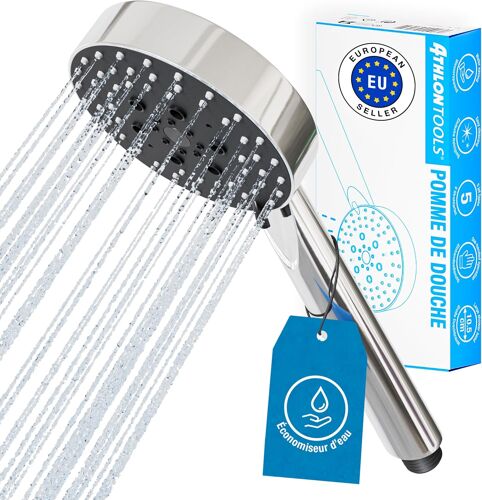 KALANKA-Pommeau de douche ¿¿ ¿¿conomie d'eau - 5 types de jet haute pression - Diam¿¿tre : 105 mm - Pommeau de douche rond (chrom¿¿, pommeau de douche 105 mm)