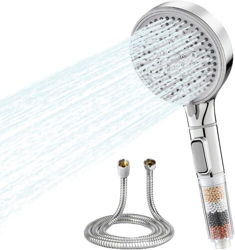 JGD-Pommeau de Duche, Pommeau de Douche Économie d`Eau, Pommeau de Douche Anti-Calcaire, Haute Pression avec 5 types de jets, Élimine le Chlore et les Impuretés, Idéal pour Eaux Dures