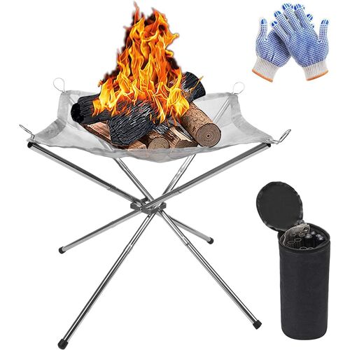 JGD-Foyer Extérieur Portatif, 42cm Pliable Acier Inoxydable Foyer en Maille Cheminée Bol à Feu pour Barbecue pour Patio Arrière Cour Jardin - avec Gants Résistants à Chaleur et Sac de Transport