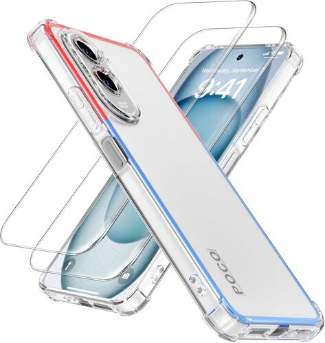 JGD-Coque Transparente pour Xiaomi Poco M7 4G (171 European) avec 2 Films en Verre Trempé ¿ Étui Souple en TPU avec Coins Airbag, Antidérapant