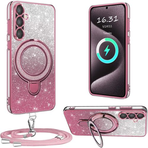JGD-Coque de protection pour Samsung Galaxy A56 5G - Avec chaîne de téléphone portable amovible - En silicone transparent - Anti-chocs - Anneau de support - Avec chaîne pour Samsung A56 5G - Rose