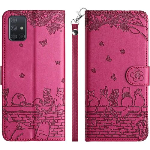SUBZONAL-Coque pour Samsung Galaxy A51 SM-A515F, Chats Papillon Motif Housse Case en Cuir Cover à Rabat, Anti-Choc Magnétique Portefeuille Étui de Protection avec Fentes pour Cartes, Violet Rouge