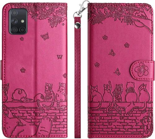 JGD-Coque pour Samsung Galaxy A51 SM-A515F, Chats Papillon Motif Housse Case en Cuir Cover à Rabat, Anti-Choc Magnétique Portefeuille Étui de Protection avec Fentes pour Cartes, Violet Rouge