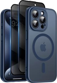 KALANKA-Coque Magnétique pour iPhone 15 Pro avec 2 Verre Trempé Anti-Espion, Compatible avec MagSafe, Étui Mat Translucide Arrière Housse Antichoc Anti-Rayures, Bleu