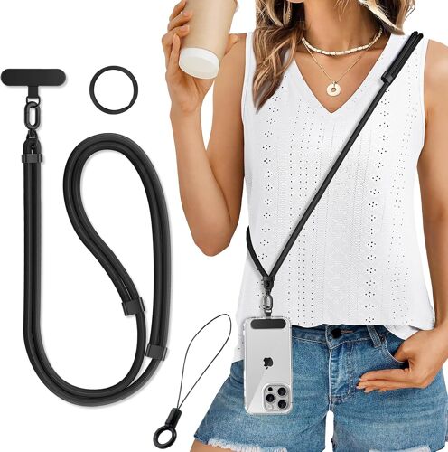 JGD-Cordon Telephone Portable Tour de Cou Universelle avec Patch Collier de Longe Porte-clés Sangles réglables en Nylon pour iPhone 17 Pro 16 Samsung Sport, Voyage, Outdoor Homme Femme Noir