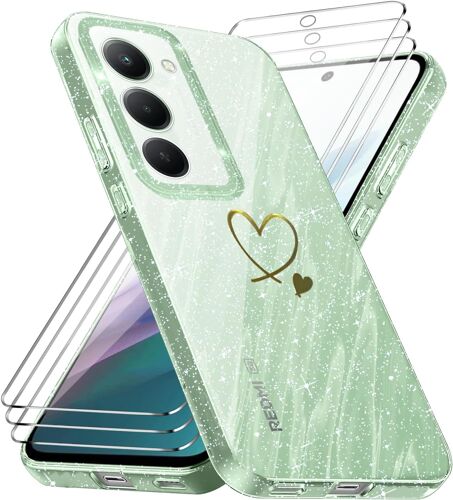 JGD-Coque Compatible avec Xiaomi Redmi 15 4G/ 5G EU Version (Pas pour Global Version), 3 Pièces Protection Écran en Verre Trempé, Housse Souple et Transparent, Étui Anti Empreintes et Paillettes