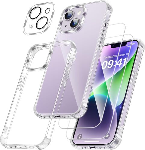 ELVORIX-4 en 1 Coque pour iPhone 14 Plus avec 2 Verre Trempé et 1 Caméra Protecteur, [Coussin d'air Intégré] Antichoc Antirayures Bumper Protection Housse pour iPhone 14 Plus 6.7"", Transparent