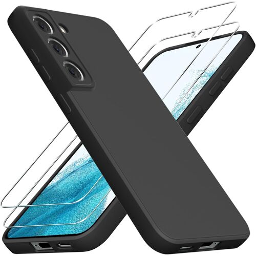 JGD-Coque pour Samsung Galaxy S22 5G, avec [2 Pièces] Protection d'écran en Verre Trempé, Housse Etui Silicone TPU Souple Liquide, Antichoc Anti-Rayures, Noir