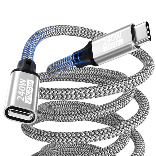 JGD-Câble d'extension 1,5m,240W/20 Gbit/s/5K@60 Hz prolongateur USB-C 3.2,câble d'extension vidéo Type-C 4K@144 Hz compatible avec iPhone 17/16/15/MacBook Pro/iPad Pro/XPS/Galaxy S24/ordinateur porta