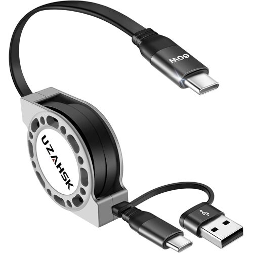 JGD-Câble de charge rétractable de 4 FT USB C avec fonction de charge rapide et câble de charge USB C vers USB, 60 W Câble USB vers USB C pour iPhone, Android, tablette - Gris