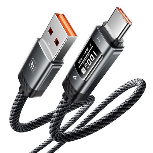 JGD-Cable USB-A vers USB-C 1M, 6A Câble USB C Charge Rapide avec Affichage Numérique OLED, Compatible avec Huawei Mate 70 Pro/RS/Pura 70, Honor 80/70, Xiaomi Series