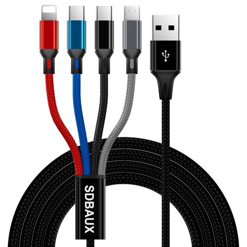 JGD-Câble de Charge Multi Chargeurs 4 en 1, 3A 1.2M Tressé Câble USB Universel avec Connecteurs 2*Type C/Phone/Micro USB, pour iOS Téléphones, Android Galaxy, Moto, Sony, Hoor View, Xiaomi, PS5