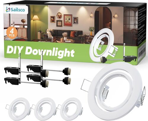 Ulteronixshop-Spot Encastrable Gu10 Set Cadres De Montage Pour Spot Encastrable,Spots De Plafond En Acier Blanc Orientable 60°,Rond Plat Cadre D'encastrement 70mm Pour Intérieur,230v,Blanc,Lot De 4