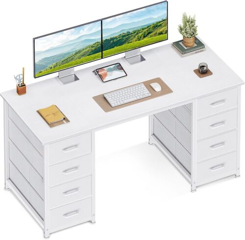 Ulteronixshop-Bureau avec 8 Tiroirs en Tissu, 120x48cm Bureau Blanc avec Rangement Table d'ordinateur Robuste, Table Informatique pour Salon Domicile