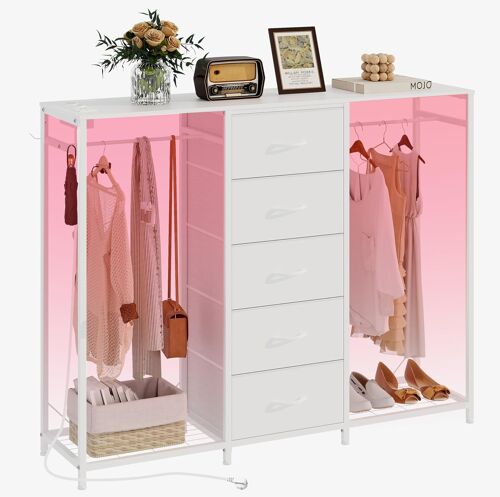 Ulteronixshop-Commode à 5 tiroirs avec porte-vêtements - Commode avec tringle à vêtements - Lumières LED - Penderie - Tiroirs - Station de charge - Étagère flexible - Étagères ouvertes pour salon