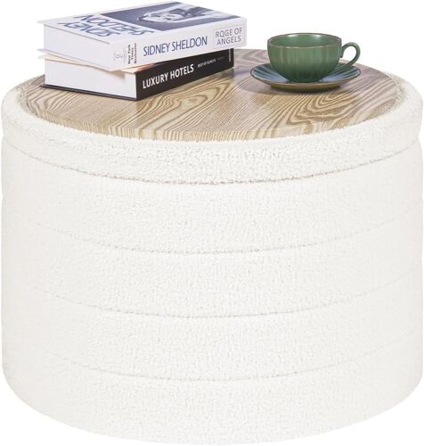Ulteronixshop-Pouf de Rangement, Rond Tabouret Rembourré avec Couvercle, Pliable Coffre de Rangement Ø 56x40 cm, Teddy Velours Ottomane, pour Salon Chambre Couloir, Blanc crème