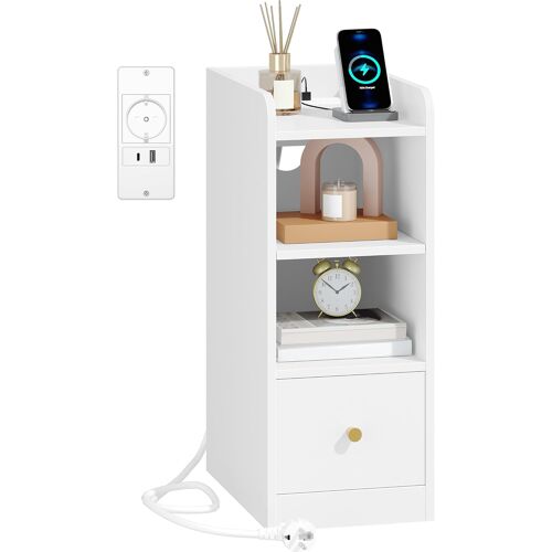 Ulteronixshop-Table de Chevet avec Multiprise, Port USB et Type C, Table d'appoint Étroite, Espace de Rangement à 3 Niveaux avec 1 Tiroir, pour Chambre à Coucher, Salon, Blanc NS36403X
