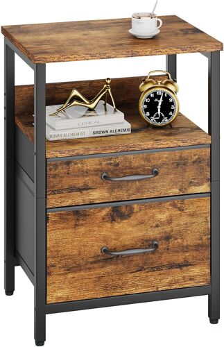 Ulteronixshop-Table de Chevet, Table d'appoint avec 2 tiroirs en Tissu et 2 Étagères, Table Bout de canapé, Table Basse, Style Moderne, Cadre en Métal, pour Chambre, Salon, Marron avec Grain de Bois