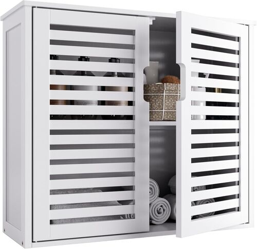 SUBZONAL-Meuble Mural Salle de Bain Blanc, Armoire de Toilettes Suspendue, Armoire à Pharmacie en Bambou avec Étagères Réglables, 2 Portes