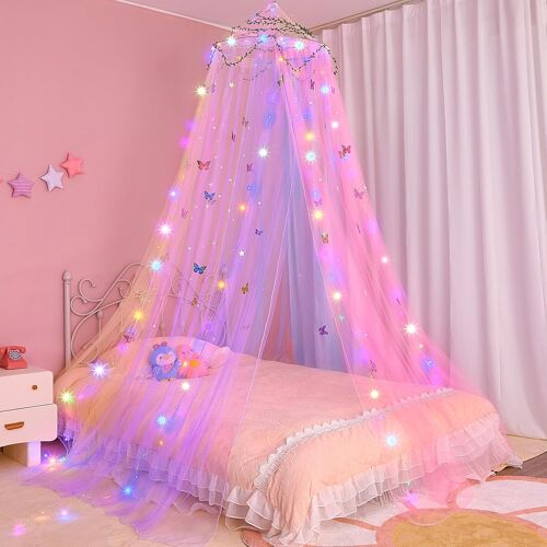 Ulteronixshop-Lit de princesse chambre avec rideaux LED, moustiquaire DIY, étoiles et papillons