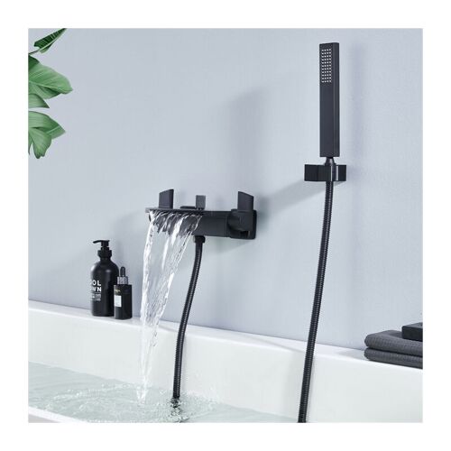 Homelody - Mitigeur De Baignoire Noir Cascade Robinet De Baignoire Mural Avec Douchette à Main Et Flexible De Douche 1,5m Robinet De Douche De Bain En Laiton