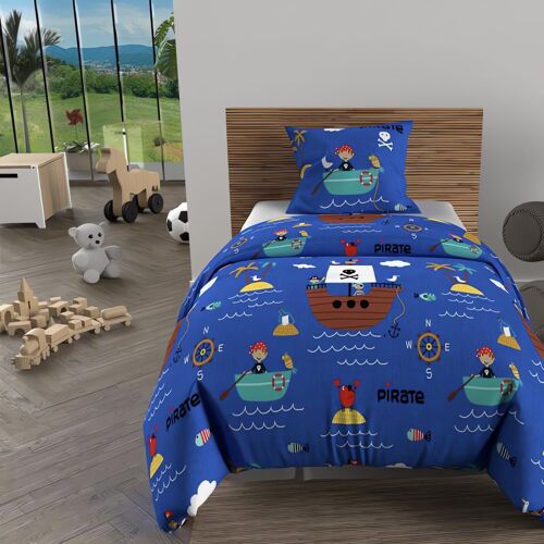 Ulteronixshop-Parure Housse De Couette 140x200 Cm Pirates Bleu, 100% Coton 57 Fils/Cm2