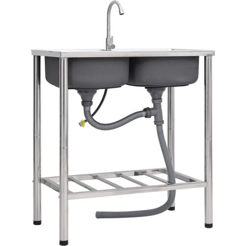 Evier De Camping Double Lavabo Avec Robinet évier De Cuisine évier De Garage évier D'Extérieur Anti-salissure 78 X 43 Cm Acier Inoxydable