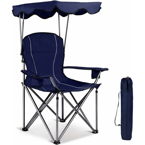Chaise Pliante Avec Pare Soleil,Chaise De Camping Pliable Confort Auvent,Avec Porte-Gobelets Integres,Siege Pliant Durable Avec Sac De Transport Pour Pisque-Nique,Randonnee (Marin, 97x67x134cm) - Goplus