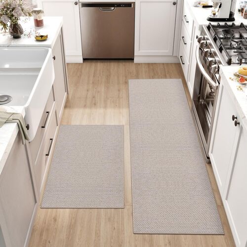 Ulteronixshop-2 Pièces Tapis Cuisine Devant Evier, Dessous en Caoutchouc Antidérapant, Absorbe l'huile et l'eau, Facile à Nettoyer, 43x75cm + 43x150cm, Beige