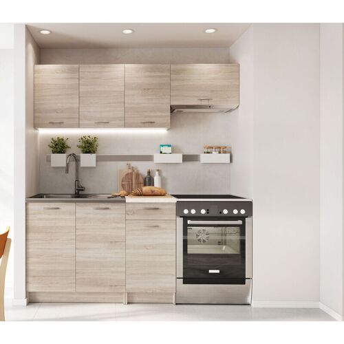 Cuisine Complète L 180cm 5 éléments Couleur Chêne Sonoma Plan De Travail Inclus Mila -pegane-
