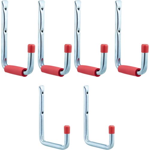 Porte-outils, Lot De 6, 2 Tailles, Jusqu'à 17,5 Kg, Crochet Mural, Garage, Cave, Acier, Mousse, Argenté/rouge - Relaxdays