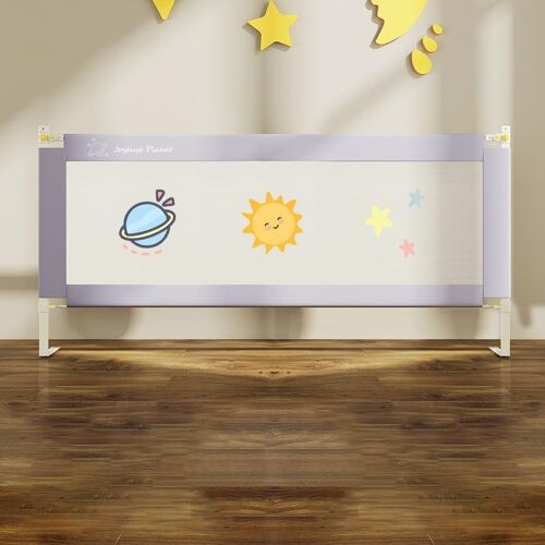 Ulteronixshop-Barrière De Lit Bébé - Barrière De Sécurité 200 Cm, Réglable En Hauteur (30 Niveaux), Cadre Métallique Anti-Chute, Tissu Respirant Gris Clair Avec Motif Mignon, Notice Incluse