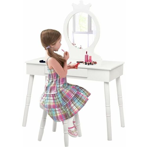 Coiffeuse Pour Enfants Avec Tabouret,coiffeuse Et Chaise,table Cosmetique Avec Miroir Et Tiroir,egalement Comme Bureau,blanc - Goplus