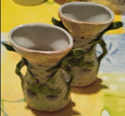 Duo De Petits Vases - Ancien - en Barbotine - 12 cm de haut