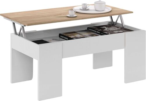 Ulteronixshop-Table basse relevable pour salon ou salle à manger Blanc « Artik » et chêne canadien, dimensions : 100 cm (largeur) x 50 cm (profondeur) x 45-56 cm (hauteur). Modèle LC