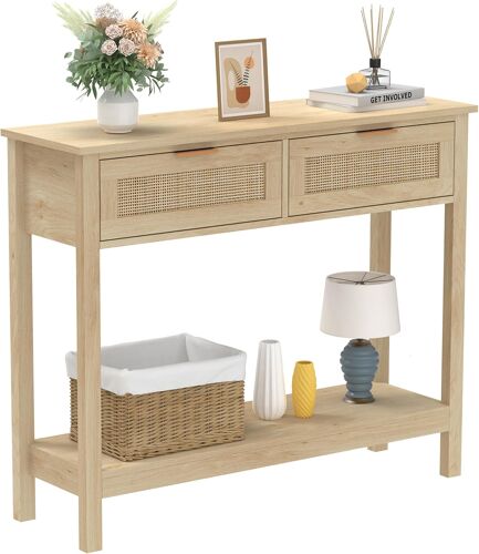Ulteronixshop-Table console Boho en rotin avec 2 tiroirs, table d'entrée à 2 étages, table de salon de style ferme, table de canapé en bois avec étagère de stockage ouverte pour salon, couloir, hall