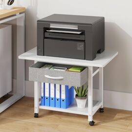 Ulteronixshop-Support Imprimante 2 Niveaux avec roulettes et Tiroir | Meuble pour Imprimante Bureau 56x38 cm | Organisation Scanner, Fax, Imprimante 3D | Blanc