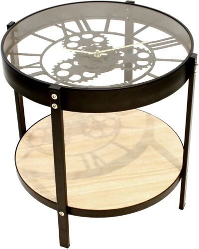 Ulteronixshop-HD6446 Table Basse d'Appoint Ronde avec Horloge - Métal et Verre - Petit Modèle - Fonctionne avec Pile AA - Dimensions 40,5 x 40,5 x 39 cm - Couleur Noir et Transparent