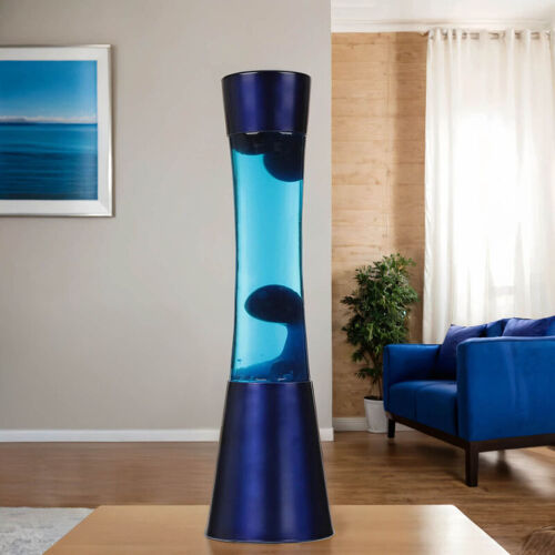 Licht-Erlebnisse - Lampe À Lave Ringo Au Design Rétro Bleu Métallisé Avec Cire Bleue Et Liquide Azur H:39cm - Cire En Bleu Foncé, Liquide En Bleu Clair, Cadre En Bleu Foncé Mat
