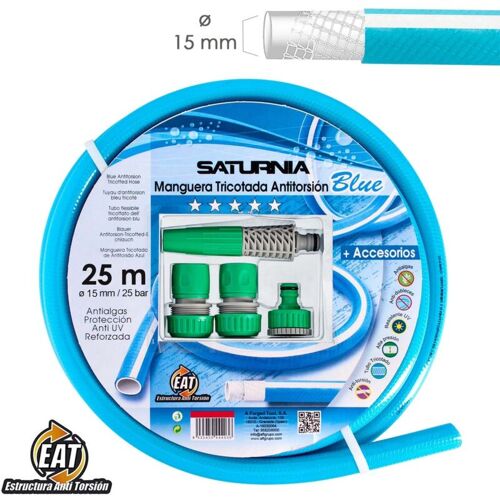 Saturnia - Manguera Tricotada No Torsion Blue 15 Mm. Rollo 25 Metros Con Accesorios