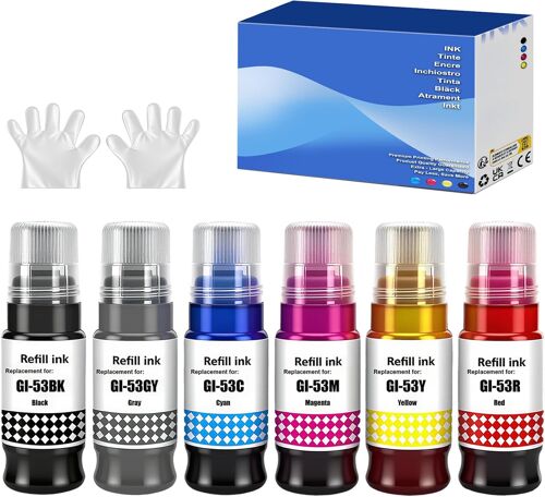 GI-53 GI53 Compatible Bouteilles d'encre Remplacement pour Canon GI-53 GI53 Compatible pour Canon PIXMA G650 G550 (6-Pack, Noir Cyan Magenta Jaune Rouge Gris)